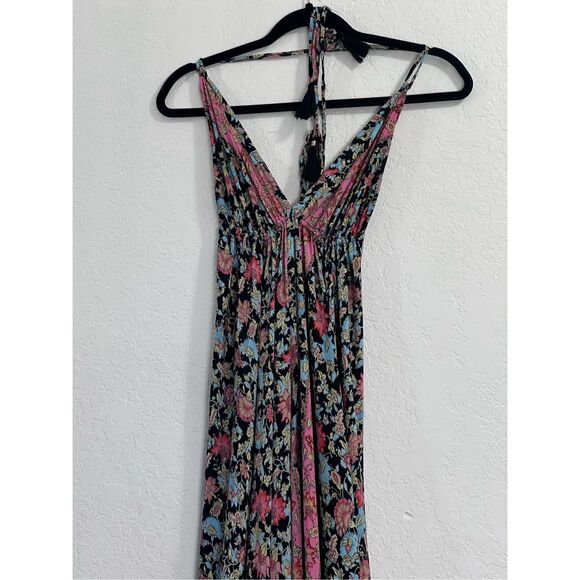 Karma Highway Dress OS Pink Boho Floral Halter Tassel Tie Maxi V Neck Open Back - Picture 2 of 7
